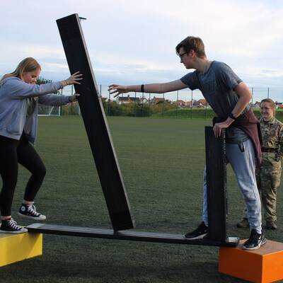 Students crossing a ‘minefield’ with the Army in Wales engagement team on the 3G pitches at Coleg Llandrillo’s Rhos-on-Sea campus