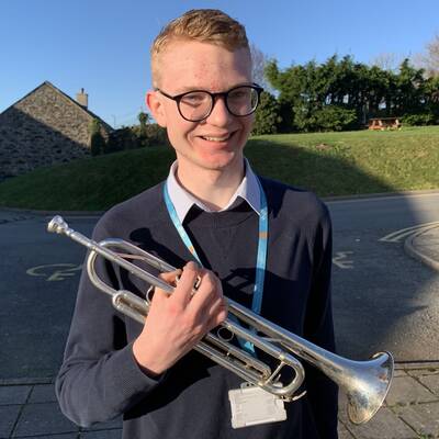 David Bisseker with his trumpet at Coleg Meirion-Dwyfor in Pwllheli