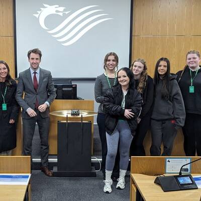 Coleg Llandrillo students with lecturer Peter Cornish and Sam Rowlands MS at the Senedd